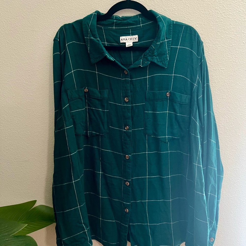 Ava & Viv Green Button Down Shirt with Windowpane Design